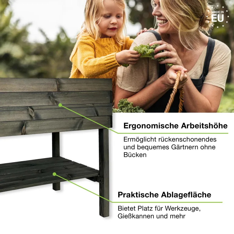 gartenetage Hochbeet XL mit Ablage und Pflanzfolie - Wetterfest, Ergonomisch, Inklusive Schutzlasur, Robustes Kiefernholz, Anthrazit – Bild 2