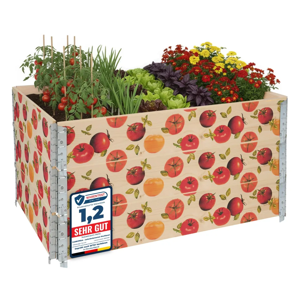 Garronda Holzaufsatzrahmen mit Print - Hochbeete für Pflanzen Blumen Kräuter Obst und Gemüse Aufbewahrungskiste aus Holz mit dekorativem Druck GD-0075 (120x80x20 cm, Tomate, 3St)