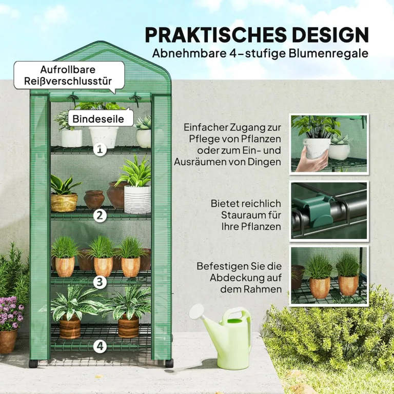 Outsunny Gewächshaus mit Rolle, Regale, Winterfest Foliengewächshaus aus Stahl, Treibhaus für Balkon, Garten, Tomatenhaus 69 x 50 x 165 cm, Tomatengewächshaus für Tomaten, Blumen, Pflanzen, Grün – Bild 5