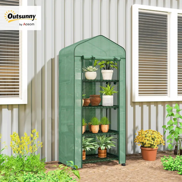 Outsunny Gewächshaus mit Rolle, Regale, Winterfest Foliengewächshaus aus Stahl, Treibhaus für Balkon, Garten, Tomatenhaus 69 x 50 x 165 cm, Tomatengewächshaus für Tomaten, Blumen, Pflanzen, Grün – Bild 2