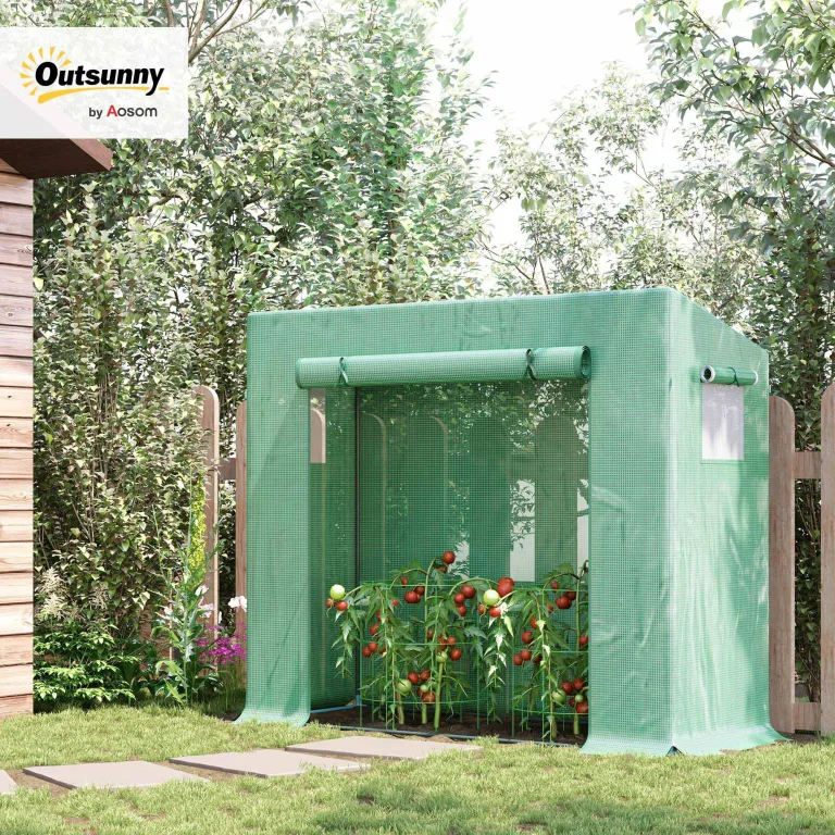 Outsunny Gewächshaus, 200 x 76 x 168 cm Foliengewächshaus mit Rolltür, Treibhaus, Tomatenhaus mit Seitenfenster, PE-Gitterfolie, Winterfest Pflanzenhaus für Garten, Balkon, Grün – Bild 2