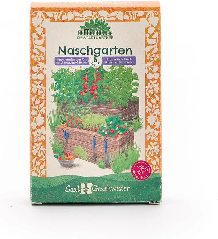 Saatgut-Set Naschgarten mit 6 samenfesten BIO-Sorten | Frisches Naschvergnügen mit Obst & Gemüse zum Selberziehen z.B. Zuckererbse, Erdbeere| Geschenk für Hobbygärtner zum Geburtstag, Ostern etc.