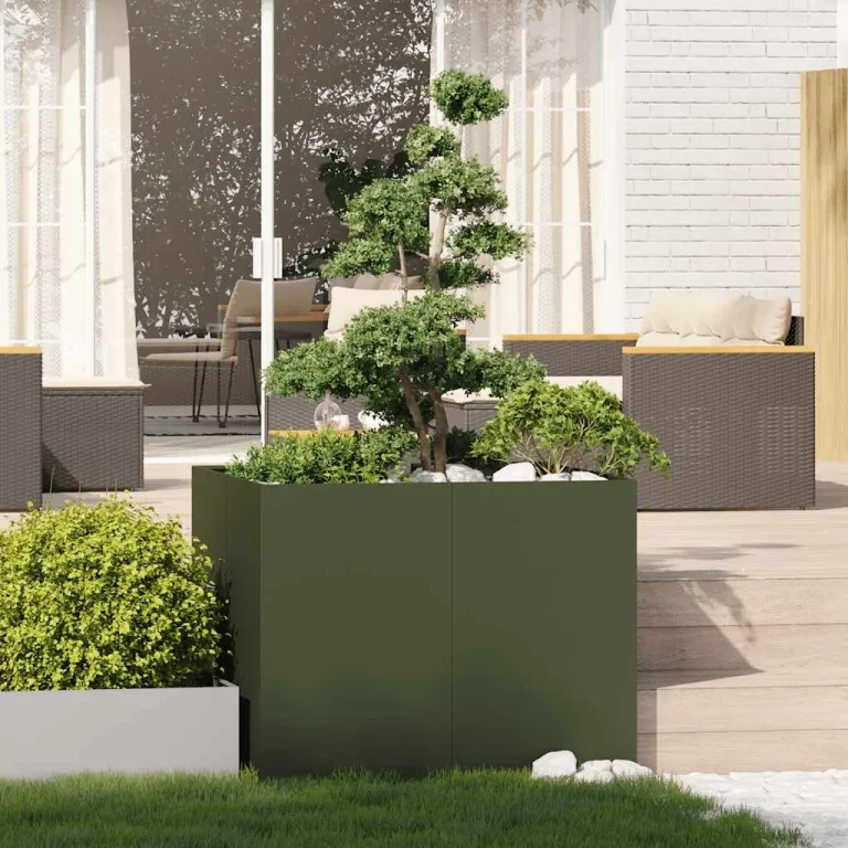 vidaXL Pflanzgefäß Olivgrün 100x100x80 cm Stahl, Pflanzschale, Garten-Garten-Pflanzkübel, Outdoor-Pflanzgefäß, Hochbeet, Pflanzgefäß, Blumenkasten – Bild 2