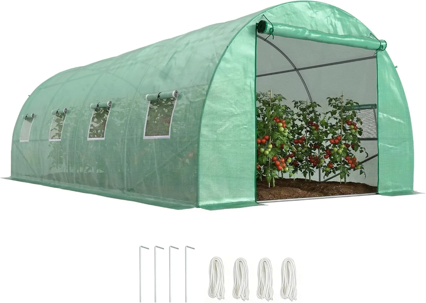 Outsunny Gewächshaus ca. 6 x 3 x 2 m Foliengewächshaus mit 8 Fenster, Rolltür, Aufrollbar Seitenwänden, UV-beständiger Folientunnel, Winterfest Tomatenhaus mit Erdanker, Grün - Bild 1
