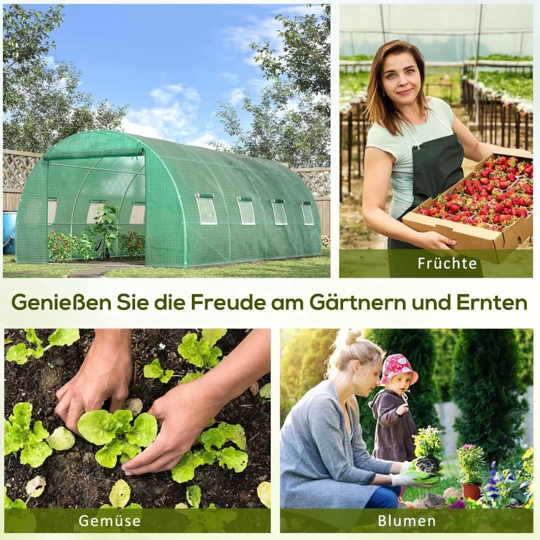 Outsunny Gewächshaus ca. 6 x 3 x 2 m Foliengewächshaus mit 8 Fenster, Rolltür, Aufrollbar Seitenwänden, UV-beständiger Folientunnel, Winterfest Tomatenhaus mit Erdanker, Grün – Bild 7