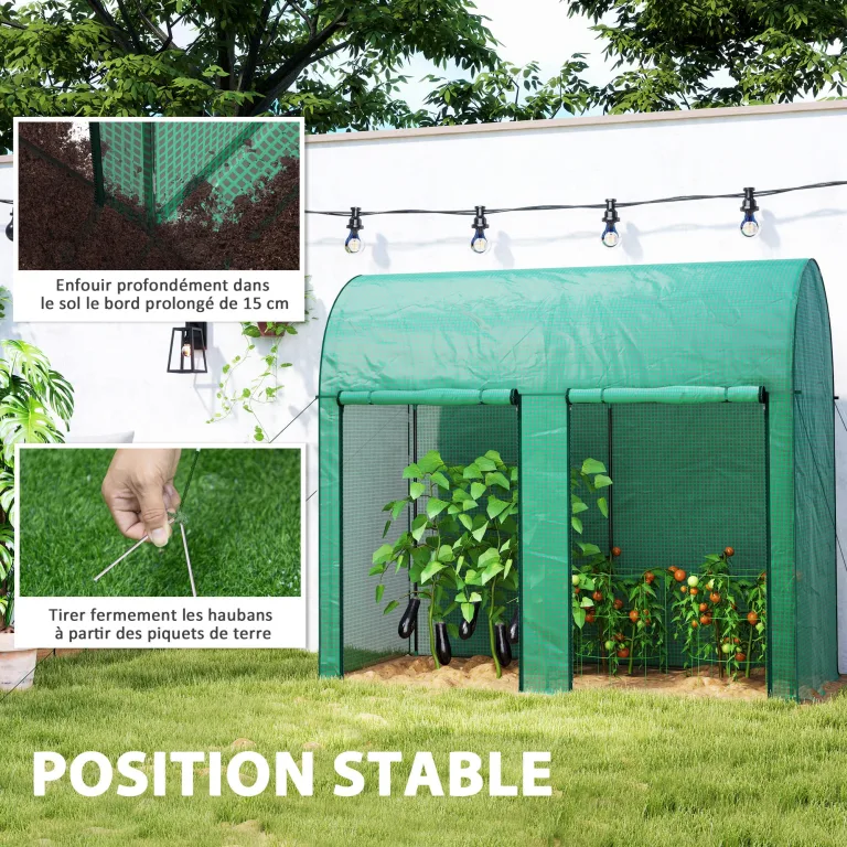 Outsunny Gartengewächshaus 2 m² Tomatengewächshaus 2 x 1 x 1,78 m 2 Rolltüren mit Reißverschluss Stahl PE hohe Dichte 140 g/m² UV-beständig grün – Bild 6