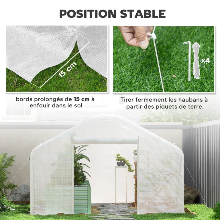 Outsunny Gartenhaus 12 m², 4 x 3 x 2 m Tunnelgewächshaus mit Rolltüren und großen Netzfenstern, Gewächshaus aus verzinktem Stahl und UV-beständigem 140 g/m² High Density PE, weiß – Bild 6