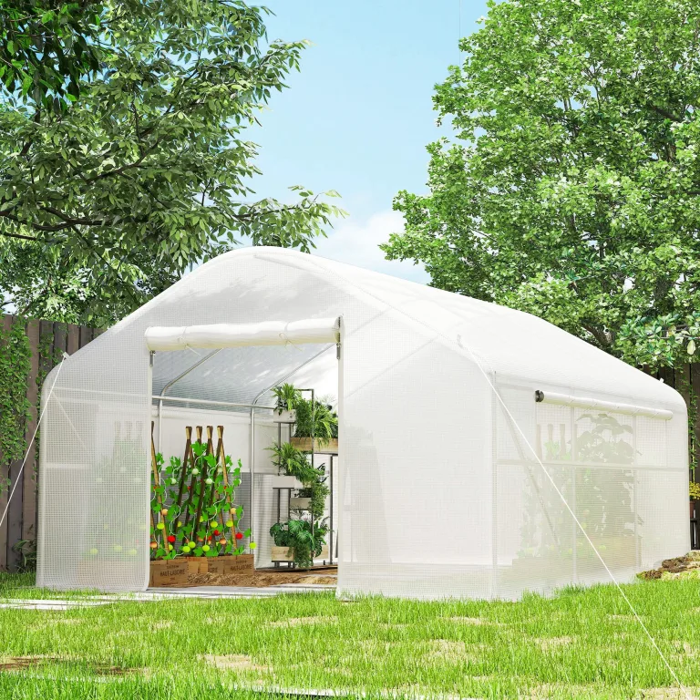 Outsunny Gartenhaus 12 m², 4 x 3 x 2 m Tunnelgewächshaus mit Rolltüren und großen Netzfenstern, Gewächshaus aus verzinktem Stahl und UV-beständigem 140 g/m² High Density PE, weiß – Bild 9