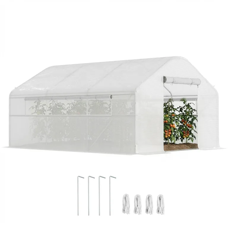 Outsunny Gartenhaus 12 m², 4 x 3 x 2 m Tunnelgewächshaus mit Rolltüren und großen Netzfenstern, Gewächshaus aus verzinktem Stahl und UV-beständigem 140 g/m² High Density PE, weiß – Bild 1