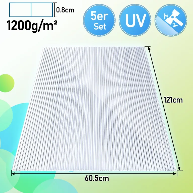 15x Polycarbonat Hohlkammerstegplatten 8mm Doppelstegplatte für Gewächshaus (60.5 x 121cm) | 1.2kg/m² Gewächshausplatte UV-beständigen für Gewächshaus Garten Treibhaus Ersatzplatten – Bild 7