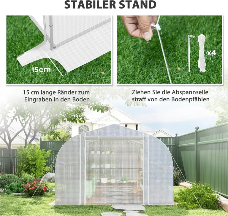 Outsunny Gewächshaus 6 x 3 x 2 m Foliengewächshaus mit 8 Fenster & Tür, Aufrollbar Seitenwänden, UV-beständiger Folientunnel Tomatenhaus mit verzinkten Stahlrahmen, Weiß – Bild 6