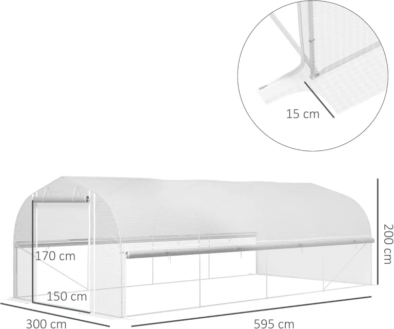 Outsunny Gewächshaus 6 x 3 x 2 m Foliengewächshaus mit 8 Fenster & Tür, Aufrollbar Seitenwänden, UV-beständiger Folientunnel Tomatenhaus mit verzinkten Stahlrahmen, Weiß – Bild 7
