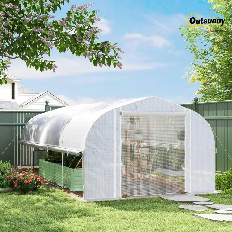 Outsunny Gewächshaus 6 x 3 x 2 m Foliengewächshaus mit 8 Fenster & Tür, Aufrollbar Seitenwänden, UV-beständiger Folientunnel Tomatenhaus mit verzinkten Stahlrahmen, Weiß – Bild 2