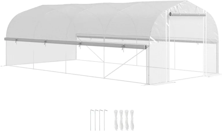 Outsunny Gewächshaus 6 x 3 x 2 m Foliengewächshaus mit 8 Fenster & Tür, Aufrollbar Seitenwänden, UV-beständiger Folientunnel Tomatenhaus mit verzinkten Stahlrahmen, Weiß – Bild 1