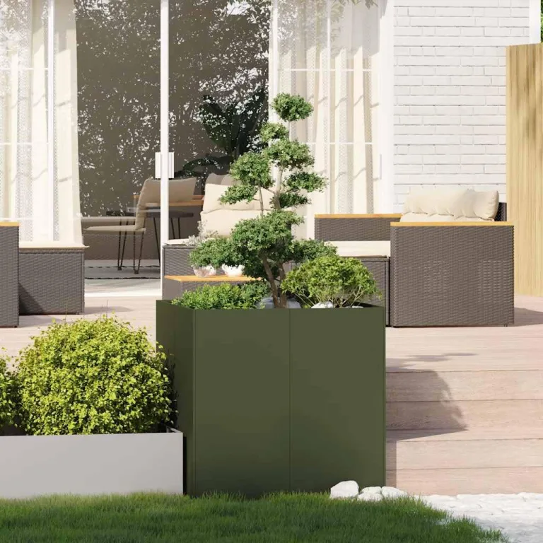 vidaXL Pflanzgefäß Olivgrün 80 x 80 x 80 cm aus Stahl, Pflanztopf, Pflanzenständer, Hochbeet, Blumenkasten, Pflanztablett – Bild 2