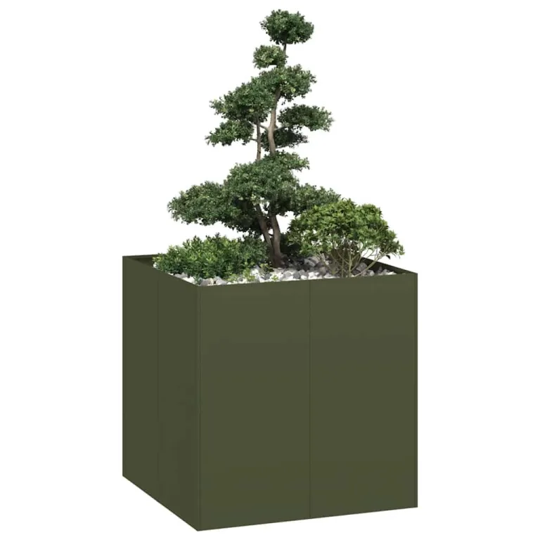 vidaXL Pflanzgefäß Olivgrün 80 x 80 x 80 cm aus Stahl, Pflanztopf, Pflanzenständer, Hochbeet, Blumenkasten, Pflanztablett – Bild 1