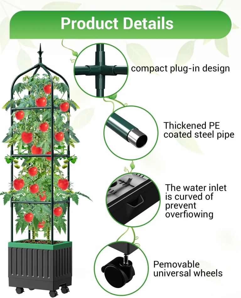 Rankhilfe Obelisk mit Blumenkasten auf Rollen,175cm Tomaten Pflanzkasten mit Spalier Selbstbewässernde Tomaten-Pflanzkästen für Kletterpflanzen, Tomatenkäfig für Patio Gewächshaus Gartenarbeit – Bild 6