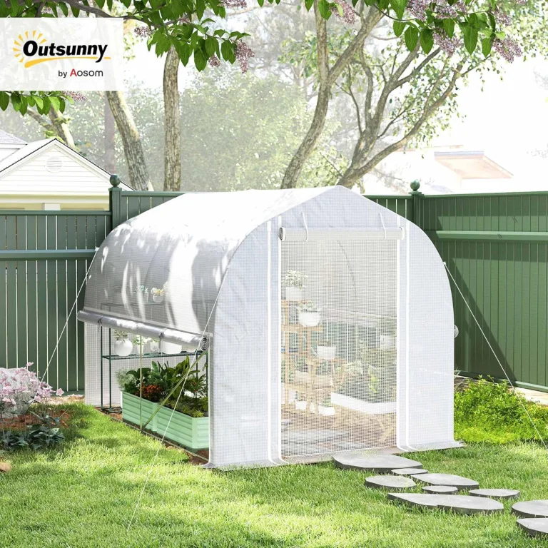 Outsunny Gewächshaus 3 x 2 x 2 m Foliengewächshaus mit 4 Fenster & Tür, Aufrollbar Seitenwänden, UV-beständiger Folientunnel Tomatenhaus mit verzinkten Stahlrahmen, Weiß – Bild 2