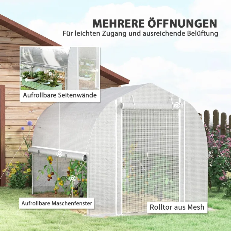Outsunny Gewächshaus 3 x 2 x 2 m Foliengewächshaus mit 4 Fenster & Tür, Aufrollbar Seitenwänden, UV-beständiger Folientunnel Tomatenhaus mit verzinkten Stahlrahmen, Weiß – Bild 3