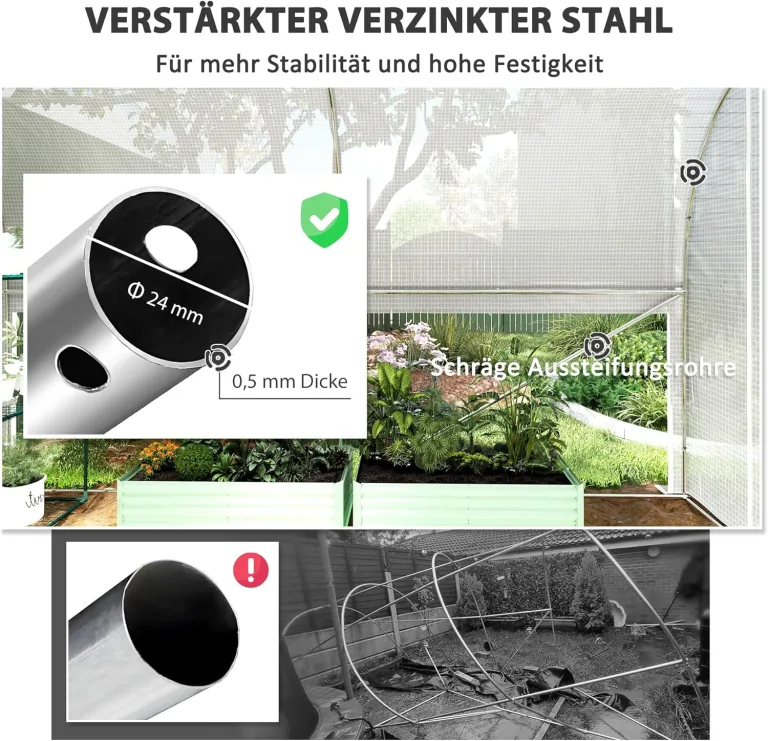 Outsunny Gewächshaus 3 x 2 x 2 m Foliengewächshaus mit 4 Fenster & Tür, Aufrollbar Seitenwänden, UV-beständiger Folientunnel Tomatenhaus mit verzinkten Stahlrahmen, Weiß – Bild 5