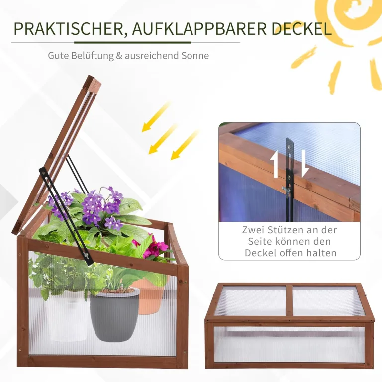 Outsunny Frühbeet Holz, Mini Gewächshaus 100 x 65 x 40 cm, Treibhaus mit Abdeckung, UV Schutz, lichtdurchlässig Frühbeetkasten, Winterfest Hochbeet für Garten, Braun – Bild 5