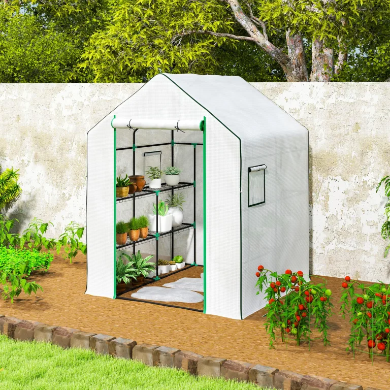 Outsunny Begehbares Gewächshaus mit 3 Etagen 8 Ablagen, kleines Gewächshaus mit verstärkter PE-Abdeckung, Gartenpflanzengewächshaus mit Rolltür und drei Gitterfenstern, 140 x 143 x 190 cm, Weiß – Bild 8