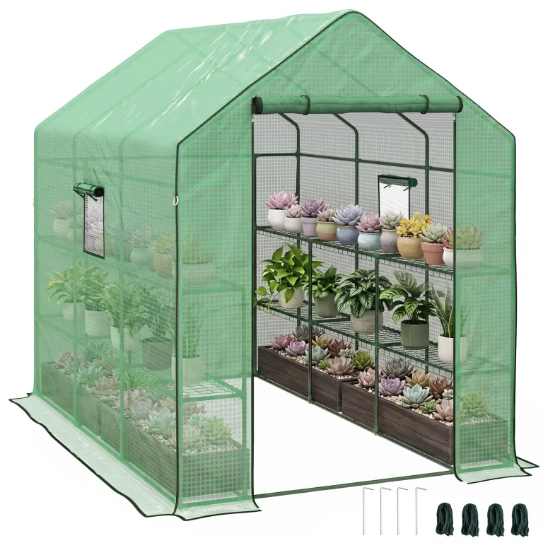 Outsunny Begehbares Gewächshaus mit 3 Etagen 8 Ablagen, kleines Gewächshaus mit verstärkter PE-Abdeckung, Gartenpflanzengewächshaus mit Rolltür und drei Gitterfenstern, 140 x 143 x 190 cm, Weiß – Bild 10