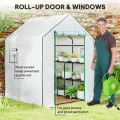Outsunny Begehbares Gewächshaus mit 3 Etagen 8 Ablagen, kleines Gewächshaus mit verstärkter PE-Abdeckung, Gartenpflanzengewächshaus mit Rolltür und drei Gitterfenstern, 140 x 143 x 190 cm, Weiß - Thumbnail 5