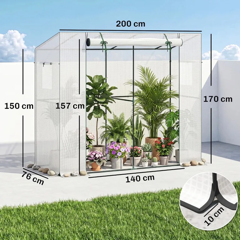 Outsunny Gewächshaus mit Rolltür 2 Fenster, Winterfest Foliengewächshaus aus Stahl, Treibhaus für Balkon, Garten, Tomatenhaus mit UV Schutz 200x76x170cm Tomatengewächshaus für Gemüse Blumen, Weiß – Bild 7