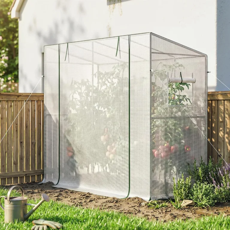 Outsunny Gewächshaus mit Rolltür 2 Fenster, Winterfest Foliengewächshaus aus Stahl, Treibhaus für Balkon, Garten, Tomatenhaus mit UV Schutz 200x76x170cm Tomatengewächshaus für Gemüse Blumen, Weiß – Bild 8