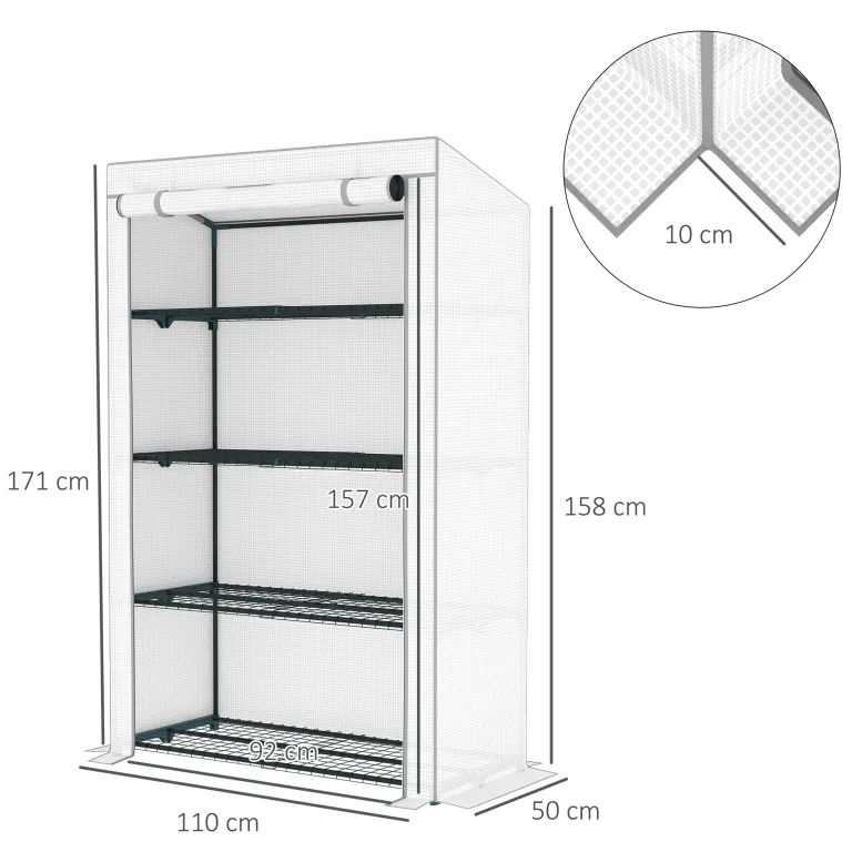 Outsunny 4-stöckiges Mini-Gewächshaus mit verstärkter PE-Abdeckung, tragbares kleines Gewächshaus mit aufrollbarer Tür, grau gesäumter Rand, 110 x 50 x 171 cm, Grau – Bild 7
