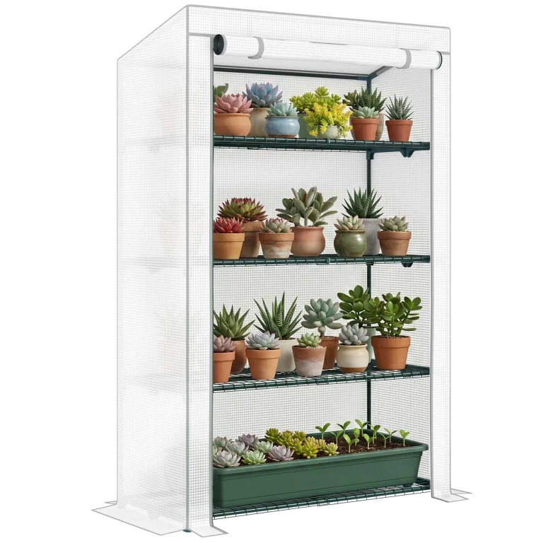 Outsunny 4-stöckiges Mini-Gewächshaus mit verstärkter PE-Abdeckung, tragbares kleines Gewächshaus mit aufrollbarer Tür, grau gesäumter Rand, 110 x 50 x 171 cm, Grau – Bild 1