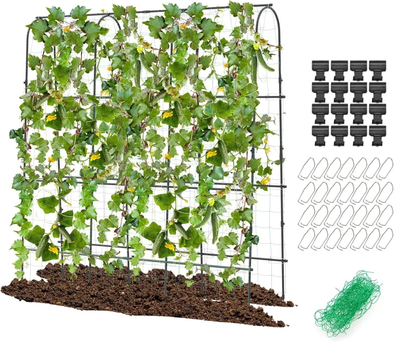 COSTWAY Gurke Rankgitter 180cm hoch, einstellbare Breite, Rankhilfe mit Ranknetz, Garten Gurkengitter Metall, Pflanzenspalier für Kletterpflanzen, Gitterspalier für Gurken Tomaten Efeu, inkl. Zubehör – Bild 1