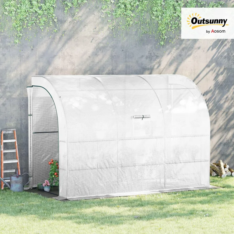 Outsunny Gewächshaus mit Regale Fenster, winterfest Foliengewächshaus aus Stahl, wandmontiert Treibhaus für Balkon, Garten, Tomatenhaus 300x150x213cm Tomatengewächshaus für Gemüse Blumen Pflanzen Weiß – Bild 2
