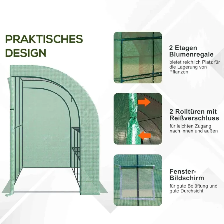 Outsunny Gewächshaus mit Regale Fenster, winterfest Foliengewächshaus aus Stahl, wandmontiert Treibhaus für Balkon, Garten, Tomatenhaus 300x150x213cm Tomatengewächshaus für Gemüse Blumen Pflanzen Grün – Bild 6