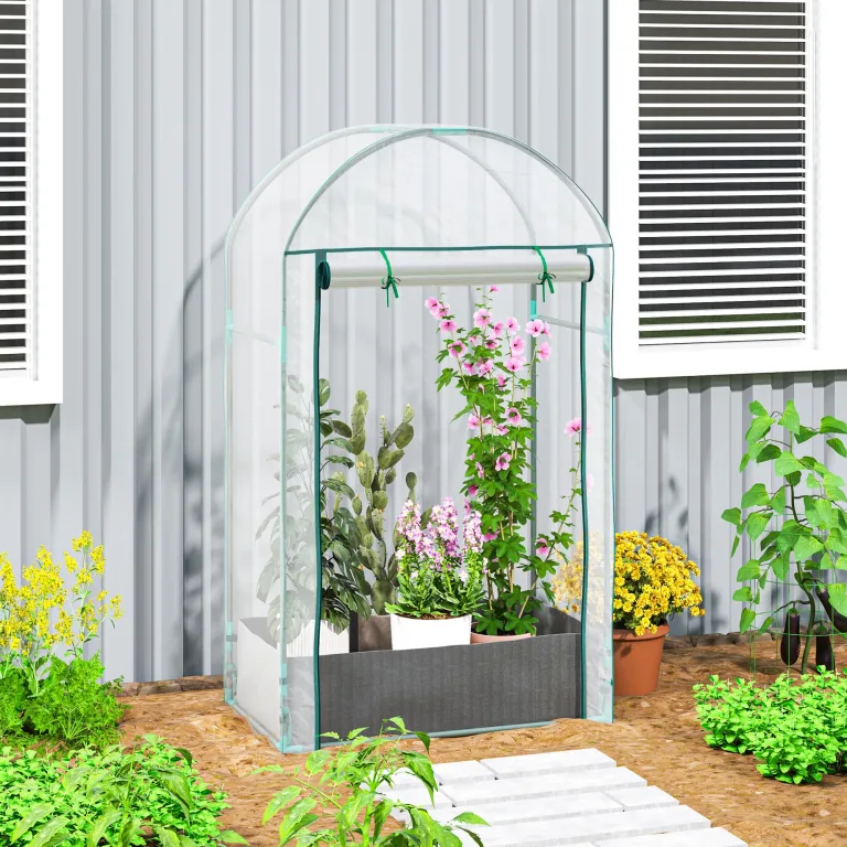 Outsunny Mini-Gewächshaus Gartengewächshaus Balkongewächshaus mit Pflanzsack und verstärkter Kunststoffhülle, Wintergewächshaus mit Rolltür, für Gemüse, Blumen, 89 x 50 x 152 cm, transparent – Bild 2