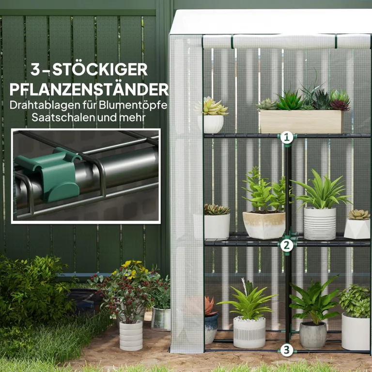 Outsunny Gewächshaus mit Regale Rolltür, winterfest Foliengewächshaus aus Stahl, Treibhaus für Balkon, Garten, Tomatenhaus mit UV schutz 100x40x150cm Tomatengewächshaus für Gemüse Blumen Pflanzen Weiß – Bild 4
