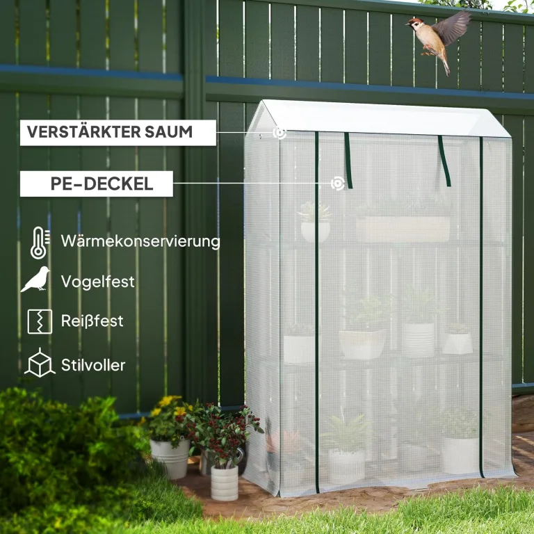 Outsunny Gewächshaus mit Regale Rolltür, winterfest Foliengewächshaus aus Stahl, Treibhaus für Balkon, Garten, Tomatenhaus mit UV schutz 100x40x150cm Tomatengewächshaus für Gemüse Blumen Pflanzen Weiß – Bild 3