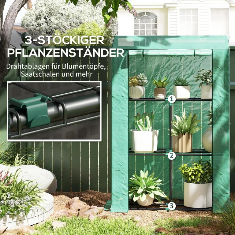 Outsunny Gewächshaus mit Regale Rolltür, winterfest Foliengewächshaus aus Stahl, Treibhaus für Balkon, Garten, Tomatenhaus mit UV schutz 100x40x150cm Tomatengewächshaus für Gemüse Blumen Pflanzen Grün – Bild 4