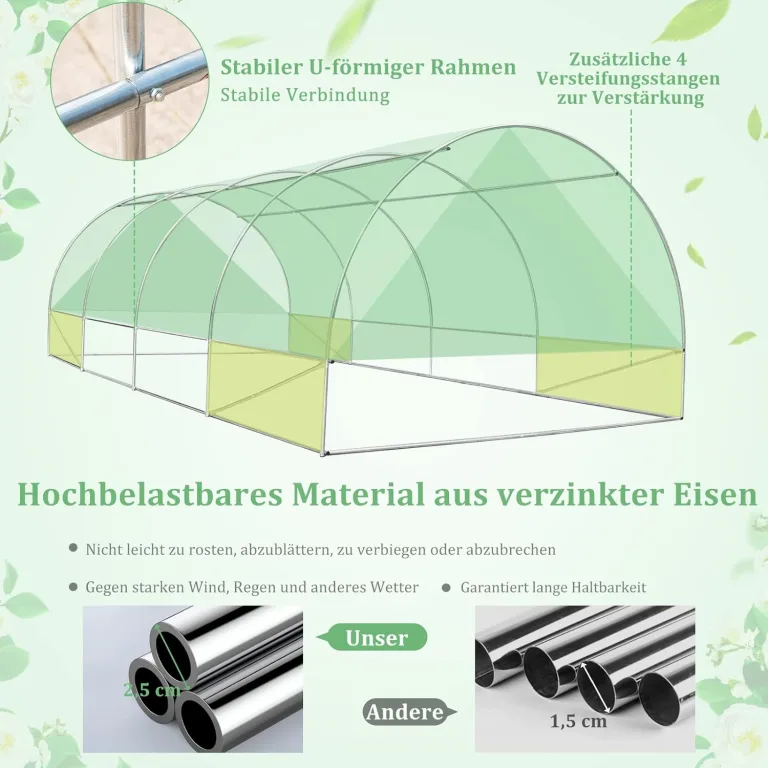 COSTWAY Gewächshaus, 6x3x2m|18m², Foliengewächshaus mit Metallgestell, Treibhaus mit 10 aufrollbaren Netzfenstern & 2 Reißverschlusstüren, Garten Folientunnel, für Tomaten Blumen Obst Gemüse, Grün – Bild 3