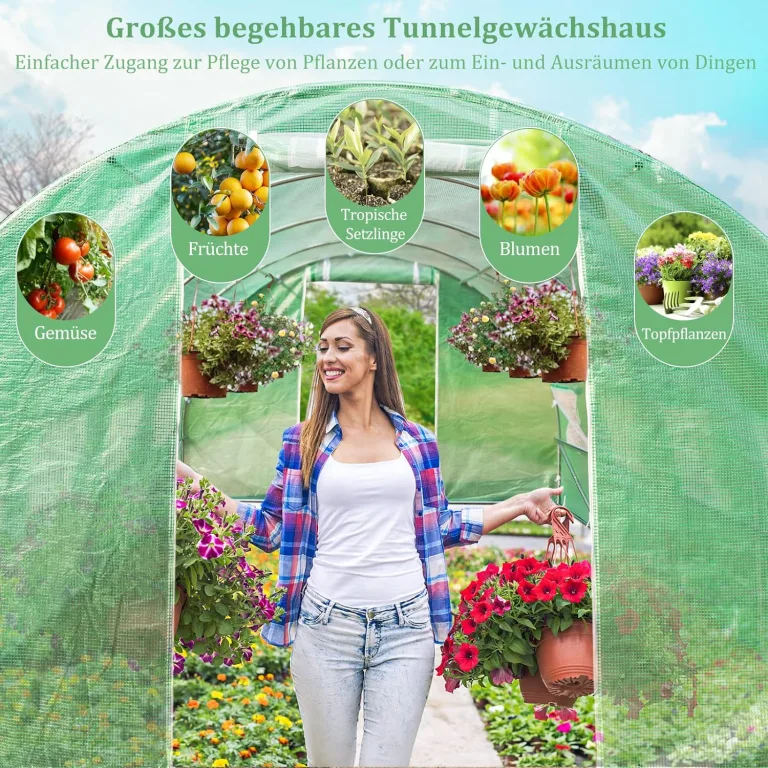 COSTWAY Gewächshaus, 6x3x2m|18m², Foliengewächshaus mit Metallgestell, Treibhaus mit 10 aufrollbaren Netzfenstern & 2 Reißverschlusstüren, Garten Folientunnel, für Tomaten Blumen Obst Gemüse, Grün – Bild 7
