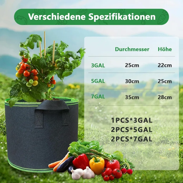 Pflanzsack 5 Stück 12l 20l 30l Vliesstoff Pflanzbeutel Stofftopf, Verdickte Atmungsaktive Stofftöpfe mit Griffe für Tomaten Pflanzen Gemüse Blumen Erdbeeren Pflanzbeutel Gewächshaus Garten Grow Bag – Bild 7
