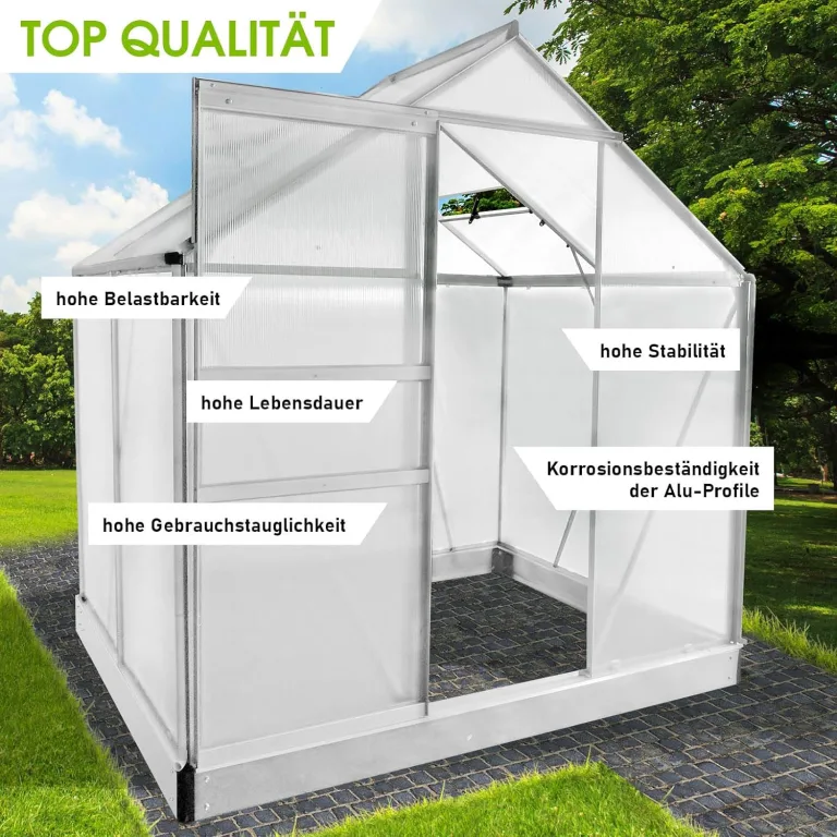 BRAST Gewächshaus Aluminium mit Fundament | 42 Modelle | 130x190x195cm - 490x250x235cm | TÜV geprüft | 6mm Hohlkammerplatten | rostfrei wetterfest temperaturbeständig | 130x190x195cm Silber – Bild 4
