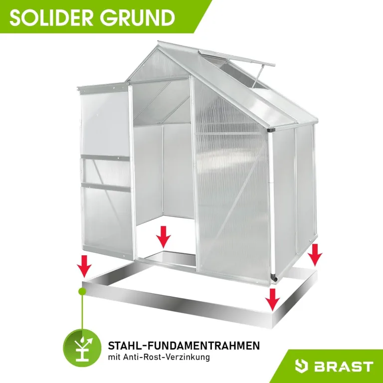 BRAST Gewächshaus Aluminium mit Fundament | 42 Modelle | 130x190x195cm - 490x250x235cm | TÜV geprüft | 6mm Hohlkammerplatten | rostfrei wetterfest temperaturbeständig | 130x190x195cm Silber – Bild 7