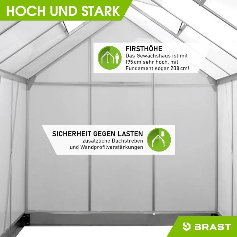 BRAST Gewächshaus Aluminium mit Fundament | 42 Modelle | 130x190x195cm - 490x250x235cm | TÜV geprüft | 6mm Hohlkammerplatten | rostfrei wetterfest temperaturbeständig | 130x190x195cm Silber – Bild 8