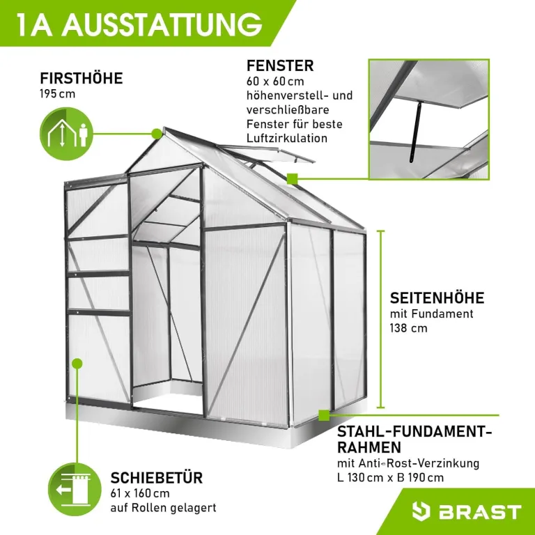 BRAST Gewächshaus Aluminium mit Fundament | 42 Modelle | 130x190x195cm - 490x250x235cm | TÜV geprüft | 6mm Hohlkammerplatten | rostfrei wetterfest temperaturbeständig | 130x190x195cm Grau – Bild 6
