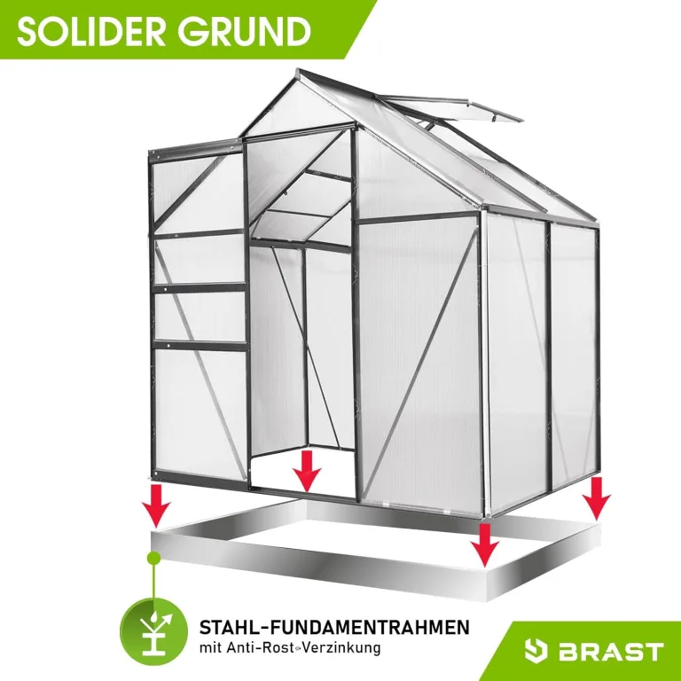 BRAST Gewächshaus Aluminium mit Fundament | 42 Modelle | 130x190x195cm - 490x250x235cm | TÜV geprüft | 6mm Hohlkammerplatten | rostfrei wetterfest temperaturbeständig | 130x190x195cm Grau – Bild 7