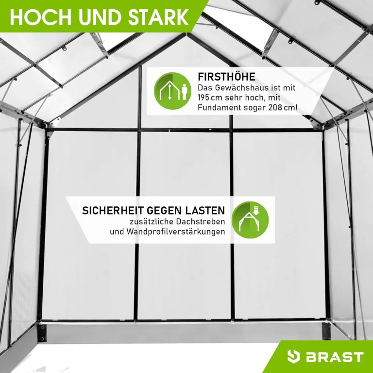 BRAST Gewächshaus Aluminium mit Fundament | 42 Modelle | 130x190x195cm - 490x250x235cm | TÜV geprüft | 6mm Hohlkammerplatten | rostfrei wetterfest temperaturbeständig | 130x190x195cm Grau – Bild 8