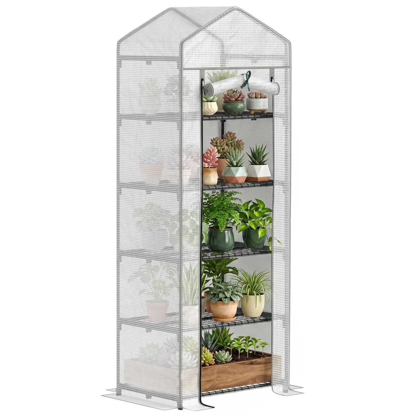 Outsunny Mini-Gewächshaus mit 5 Ebenen, tragbares Gewächshaus mit verstärkter PE-Abdeckung, Garten-Gewächshaus mit aufrollbarer Tür und Regalen, 69 x 49 x 193 cm, Weiß/Grau - Bild 1