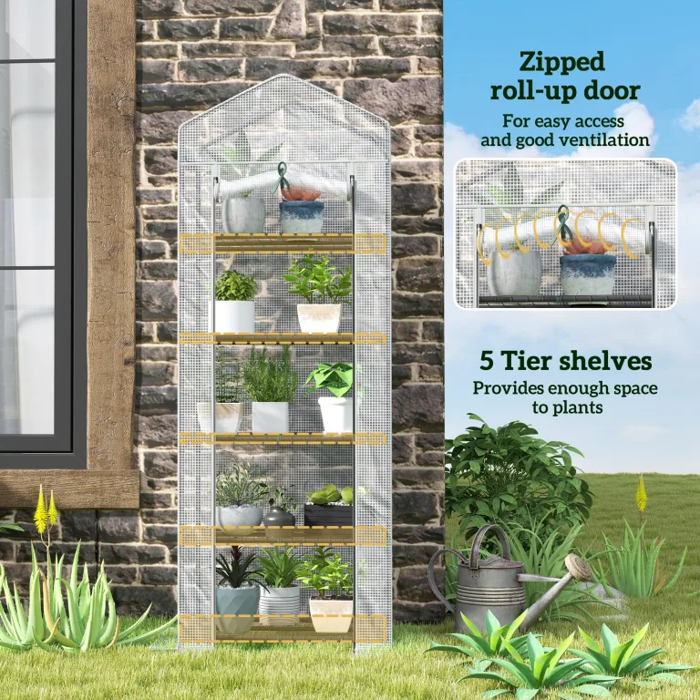 Outsunny Mini-Gewächshaus mit 5 Ebenen, tragbares Gewächshaus mit verstärkter PE-Abdeckung, Garten-Gewächshaus mit aufrollbarer Tür und Regalen, 69 x 49 x 193 cm, Weiß/Grau – Bild 4